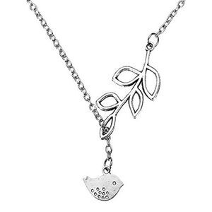 Silver Womens Love Bird & Leaf Pendant Necklace